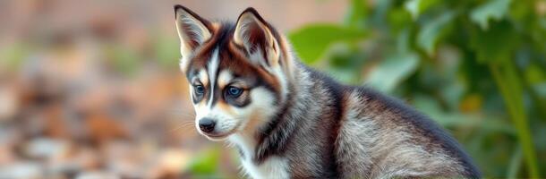 Adorable Young Brown and White Siberian Husky Puppy with Blue Eyes in Nature - Cute Furry Dog Portrait with Playful Expression and Autumn Colors photo