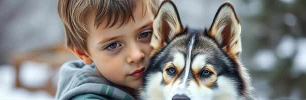 Child and Siberian Husky Puppy in Winter. A Heartwarming Close-Up of Friendship and Love photo