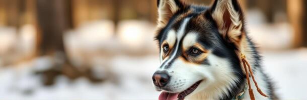 Happy Siberian Husky Portrait in Winter Forest with Blue Eyes and Playful Expression photo