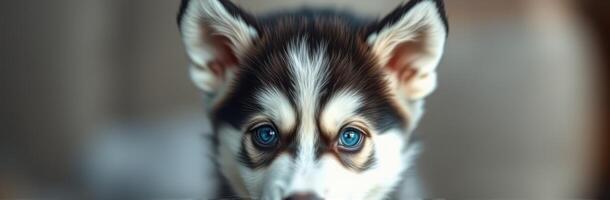 Adorable Puppy with Blue Eyes and Fluffy Fur. Close-Up Portrait of a Curious Siberian Husky Mixed Breed in Natural Light photo
