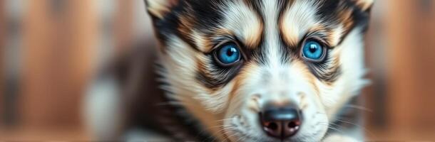 Cute and Adorable Siberian Husky Puppy with Blue Eyes Closeup Portrait in Warm Colors photo