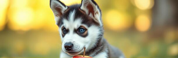 Puppy Close-Up. Adorable Siberian Husky with Blue Eyes in Vibrant Autumn Garden, Bokeh Effect and Sunlight photo