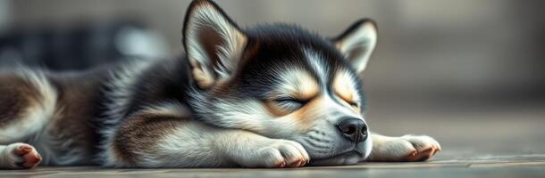 Cute and Adorable Sleeping Puppy. Fluffy and Furry Close-Up of a Relaxed Canine Dreaming Peacefully photo