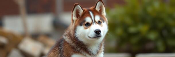 Cute Fluffy Siberian Husky Puppy Outdoors in Nature - Adorable White and Brown Dog Portrait with Beautiful Fur and Playful Expression photo