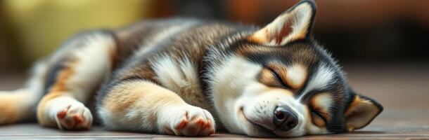 Cute Adorable Puppy Sleeping Indoors in Peaceful Relaxing Pose with Vibrant Colors and Warm Lighting photo