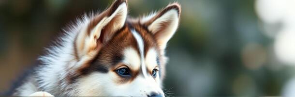 Cute Fluffy Puppy Portrait. Adorable Siberian Husky with Blue Eyes and Sweet Expression in Nature Background photo