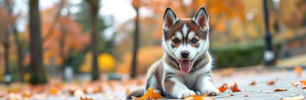Cute Fluffy Siberian Husky Puppy Playing in Autumn Leaves at Urban Park photo