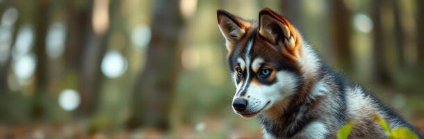 Cute Fluffy Siberian Husky Puppy Sniffing in Vibrant Autumn Forest - Outdoor Photography with Intense Gaze and Blue Eyes photo