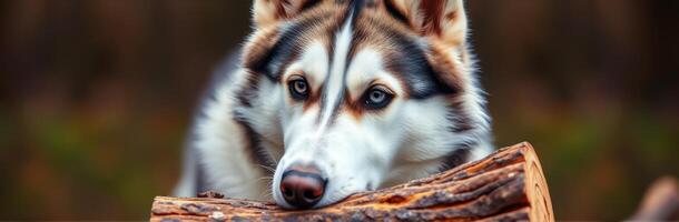 Cute and Playful Siberian Husky Portrait with Beautiful Wolf-like Eyes in a Dreamy Wilderness Setting - Wildlife Photography photo