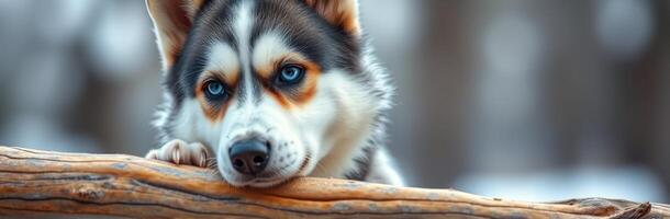 Stunning Close-Up Portrait of an Adorable Siberian Husky Puppy with Blue Eyes in a Snowy Background photo