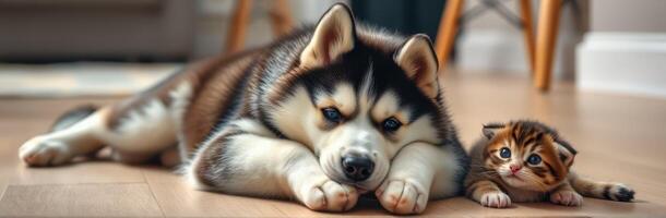 Cute Puppy and Kitten Snuggling Indoors on Wooden Floor - Adorable Dog and Cat Companionship in Warm Tones photo