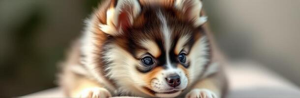 Cute and Adorable Puppy Portrait. Fluffy Young Dog with Playful Eyes and Sweet Expression in a Cozy Setting photo