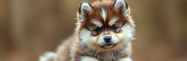 Cute and Adorable Pomeranian Puppy Portrait - Fluffy Small Dog with Playful Eyes on Nature Background photo