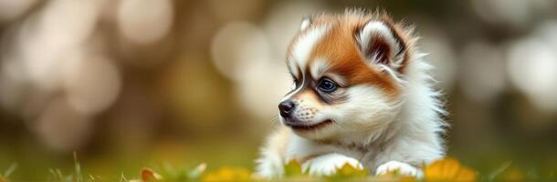 Cute and Adorable Fluffy Puppy Portrait in Nature with Autumn Leaves and Charming Face photo