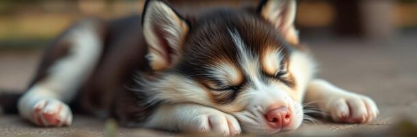 Cute Sleeping Puppy. Adorable Fluffy Dog with Tiny Paws in Cozy Indoor Relaxation photo