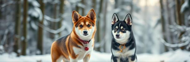 Cute Puppies Playing in Snowy Forest. Adorable Canine Companions Enjoying Winter Outdoor Fun with Friends photo