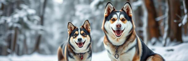 Dog Sledding Adventure. Smiling Huskies in the Winter Forest of Finnish Lapland photo
