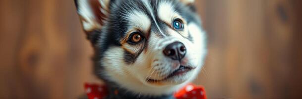 Cute Siberian Husky Puppy Portrait with Adorable Blue Eyes and Fluffy Fur on Brown Background photo