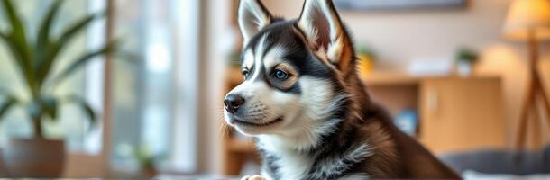 Cute and Adorable Puppy Portrait of a Playful Fluffy Siberian Husky with Blue Eyes Indoors in a Stylish Home Setting photo