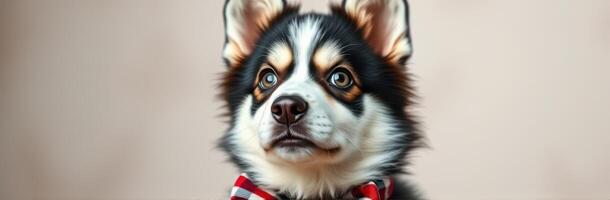 Adorable Puppy Portrait in Bowtie - Cute Furry Dog with Charming Expression and Vibrant Colors photo
