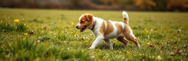 Energetic Puppy Playing in a Sunny Field with Yellow Flowers and Autumn Colors photo