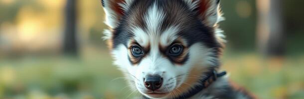 Cute Husky Puppy Portrait with Bicolor Eyes and Fluffy Fur in Sunlit Outdoor Setting photo