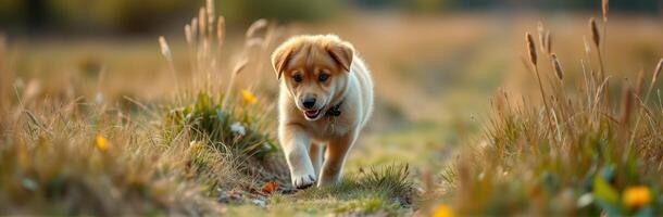 Cute and Playful Puppy Running in a Sunny Meadow. Adorable Fluffy Dog Exploring Nature with Joyful Energy and Innocent Expression photo