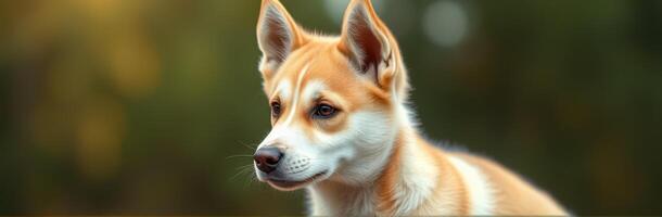 Cute Close-Up Portrait of an Adorable Puppy with Noble Look and Alert Expression Against a Green Bokeh Background photo