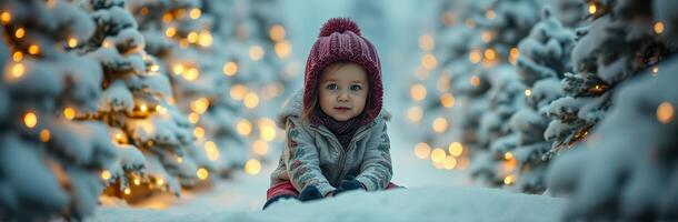 Enchanting Winter Wonderland. Adorable Child in Cozy Christmas Attire Surrounded by Snow-Covered Trees and Festive Lights photo