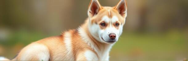 Cute Siberian Husky Puppy Sitting Outdoors in Nature. Adorable Canine Portrait with Brown and White Fur Patterns in Natural Light photo