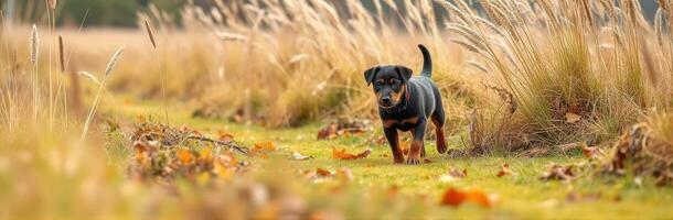 Cute and Playful Black and Tan Puppy Running in an Autumn Wheat Field with Golden Hour Sunset Light photo