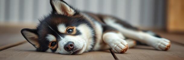 Cute Sleeping Siberian Husky Puppy Lying Down on Wooden Floor in Cozy Indoor Setting photo