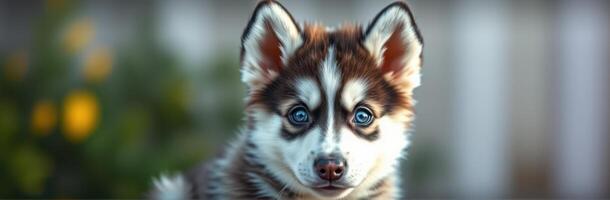 Cute Puppy Portrait of an Adorable Siberian Husky with Blue Eyes in a Garden Setting - Fluffy Canine Close-Up with Brown and White Fur, Playful Expression, and Nature Background photo