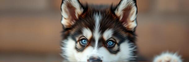 Adorable Puppy Portrait. Fluffy Siberian Husky with Blue Eyes and Playful Expression in a Close-Up Winter Dog Photography Shot photo