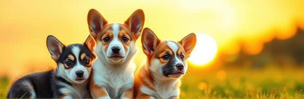Adorable Corgi Puppies Trio Snuggling in Grass at Golden Hour - Playful Dogs Captured in Pet Photography with Bokeh Background photo
