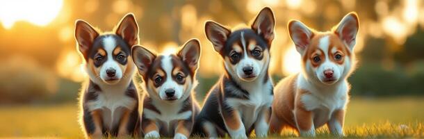 Adorable Fluffy Corgi Puppies Playing Together in a Green Backyard at Sunset - Happy Canine Siblings in the Golden Hour photo