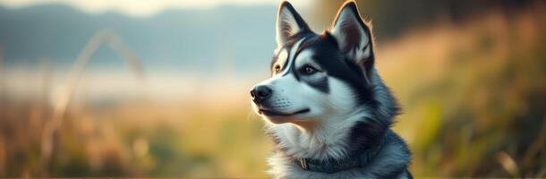 Siberian Husky Dog Portrait in Nature at Sunset with Furry Friend's Alert Expression photo