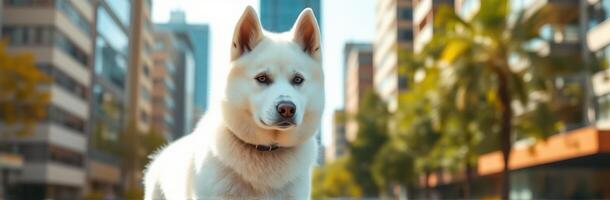 Husky Mix Breed Dog in Urban Setting. Cute White Canine in Downtown Cityscape with Palm Trees and Vibrant Colors photo
