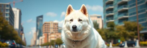 Cute Shiba Inu Puppy Walking in Urban Downtown Cityscape with Skyscrapers and Blue Sky on a Sunny Day photo