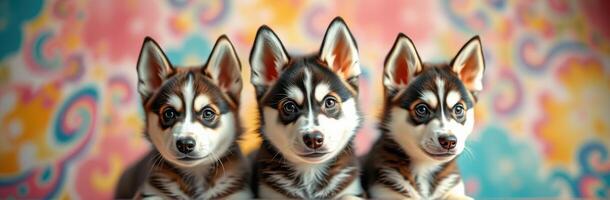Adorable Puppy Trio - Fluffy Husky Puppies with Vibrant Background and Happy Expressions photo
