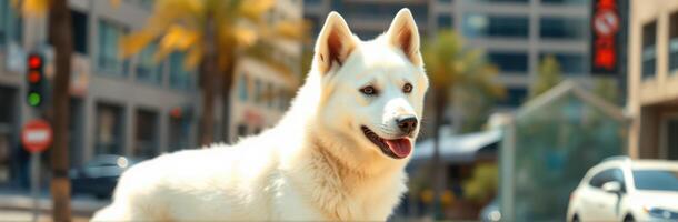 White Husky Dog Walking in Busy Downtown City Street on a Sunny Day photo