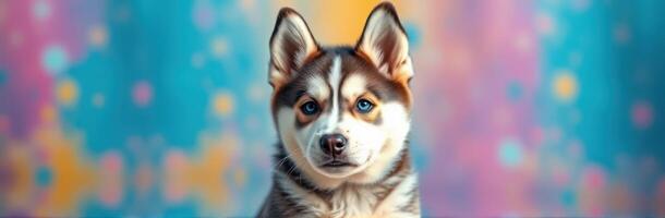 Adorable Siberian Husky Puppy with Blue Eyes in Portrait with Colorful Background and Soft Focus photo
