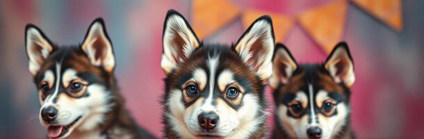 Cute and Adorable Puppies. A Close Up Portrait of Playful Small Dogs in Warm Colors with Bokeh Effect photo