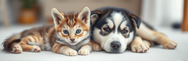Cute Kitten and Puppy Friendship. Adorable Bonding Moments of Small Furry Pets Napping Together Indoors - High Resolution Close-Up with Colorful Background photo