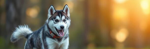 Happy Playful Siberian Husky Puppy Running Outdoors in Nature with Sunlight and Bokeh Background photo