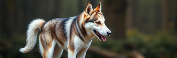 Siberian Husky Portrait in Lush Forest Environment. A Happy Canine Companion on Outdoor Adventure photo