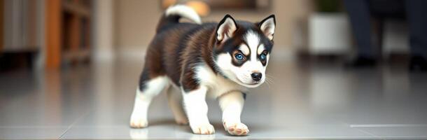 Cute Playful Siberian Husky Puppy with Blue Eyes Sniffing Indoor Flooring in Adorable Home Setting photo