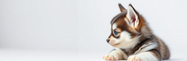 Cute Puppy Portrait with Blue Eyes and Fluffy Fur in Natural Light photo