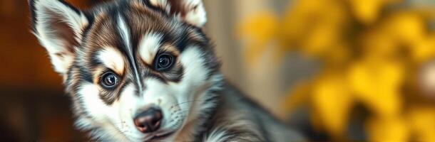 Cute and Adorable Close-Up Portrait of a Furry Siberian Husky Puppy with Playful Expression Against a Vibrant Yellow Background photo