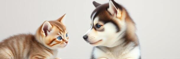 Adorable Kitten and Puppy Interaction. Cute Animals Bonding in a Tender Moment photo